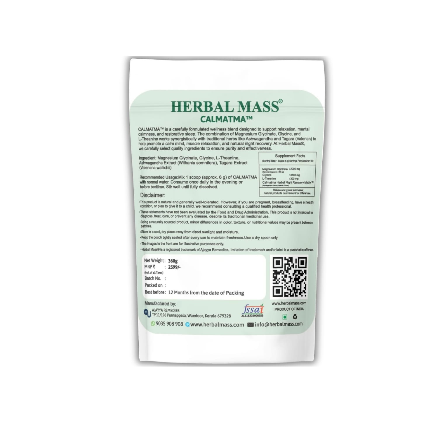 Herbal Mass® CALMATMA™ Sleep Support Powder | Magnesium Glycinate, Glycine & L-Theanine | With Ashwagandha & Valerian | Stress Support, Muscle Relaxation, Deep Sleep & Night Recovery | Melatonin-Free | 60 Servings - Image 2